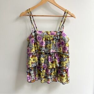 Anthropologie Leifnotes Tiered Ruffle Floral Print Twist Strap Tank Top Lime 4